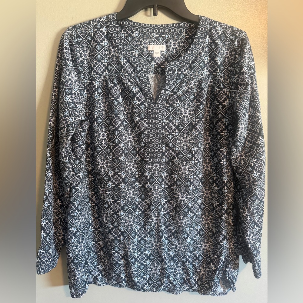 J. Jill Navy White Patterned Pullover long sleeve soft lightweight top sz medium
